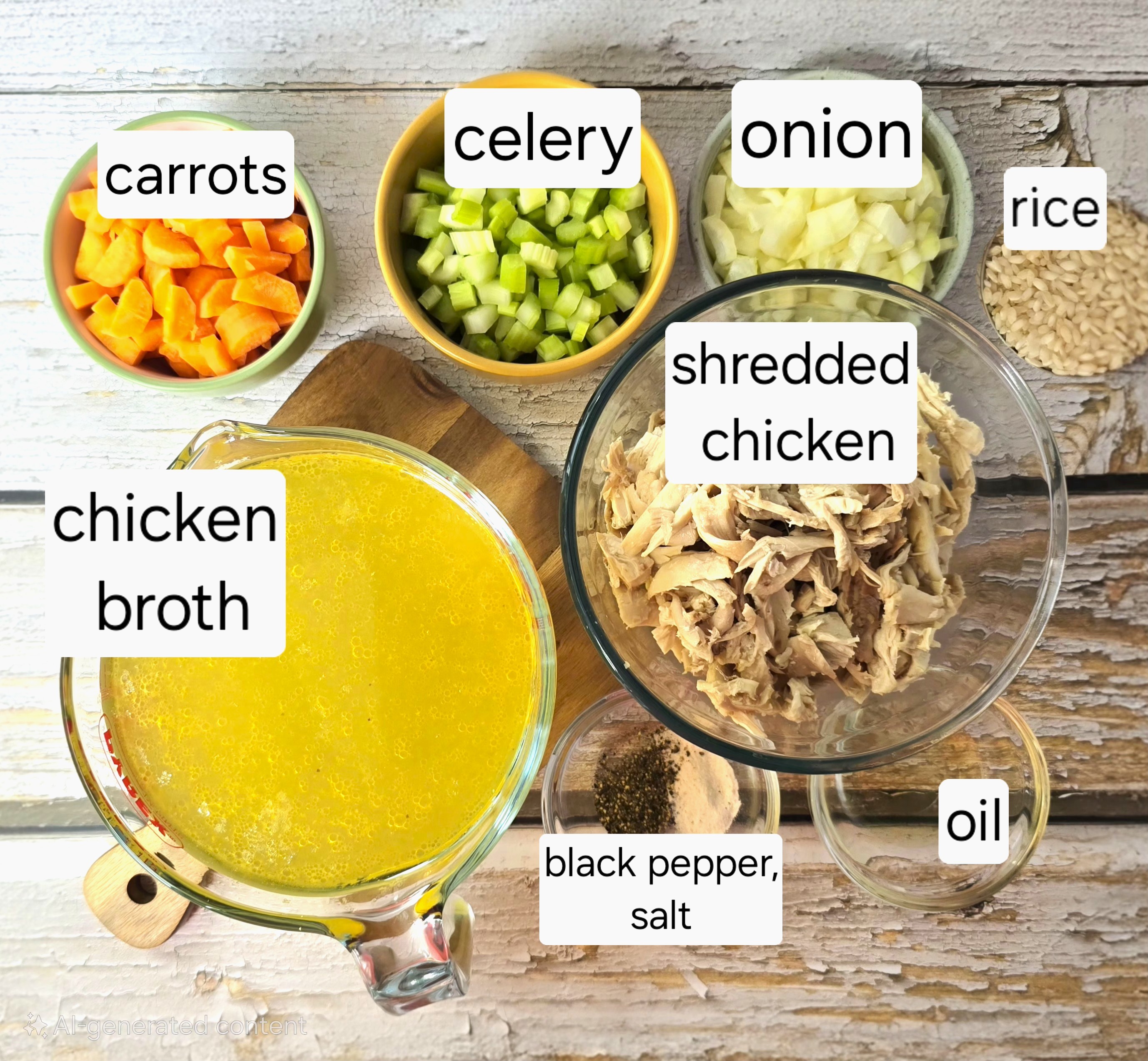 Flatlay of raw ingredients including carrots, onions, celery, rice, shredded chicken, chicken broth.