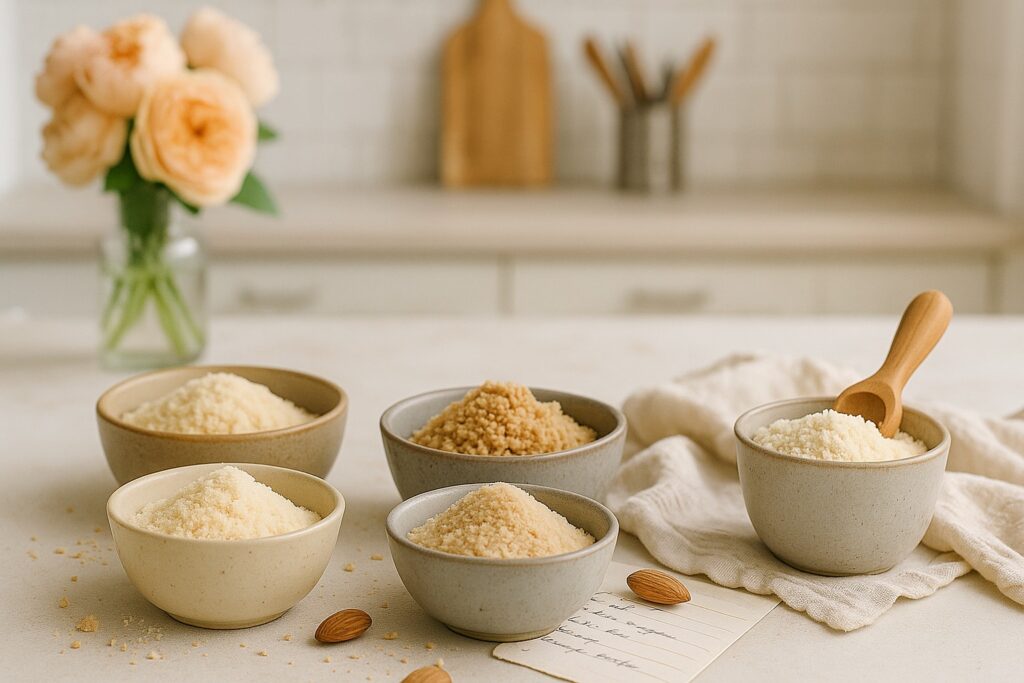 Light stonewashed bowls with almond flour, almond pulp and almond meal