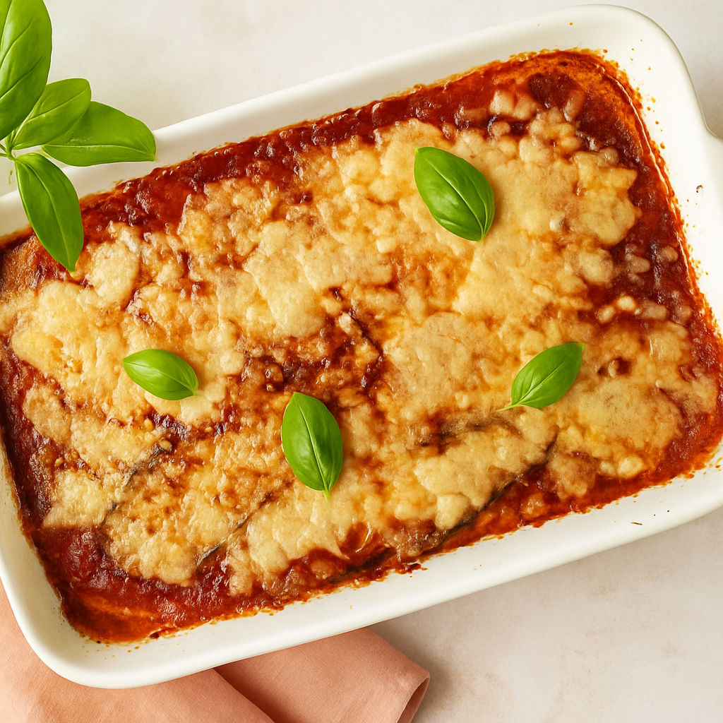 Aubergine parmigiana baked in white ceramic dish