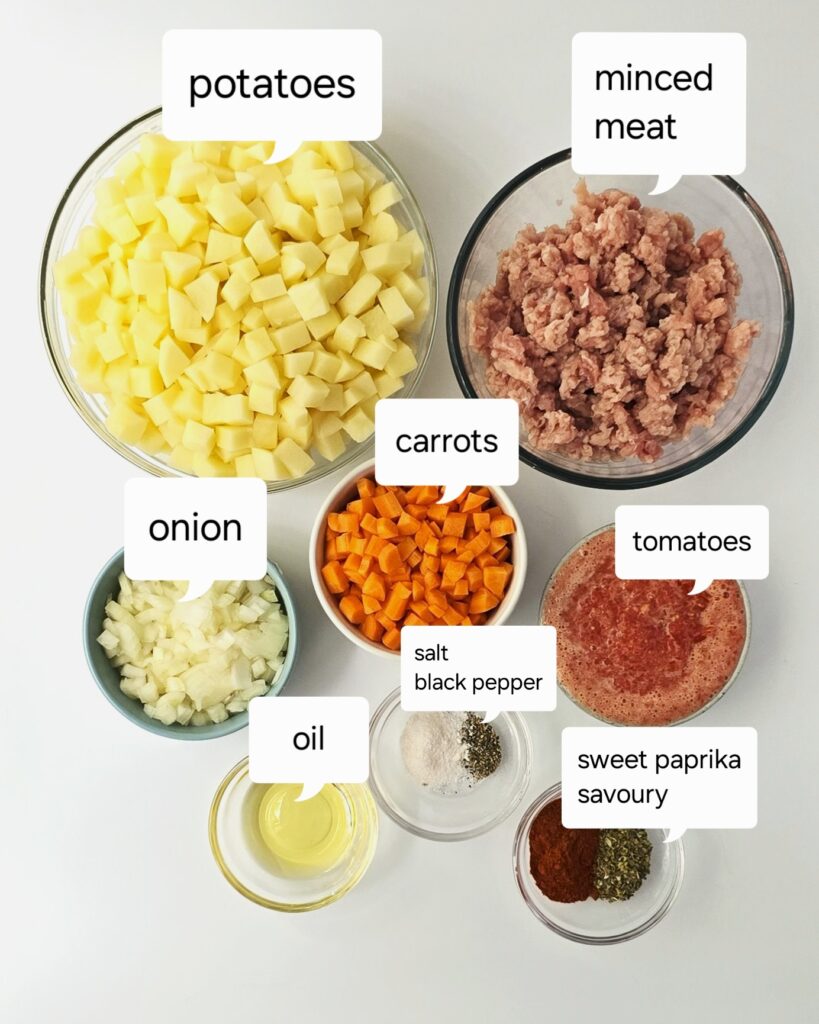 bowls with moussaka ingredients