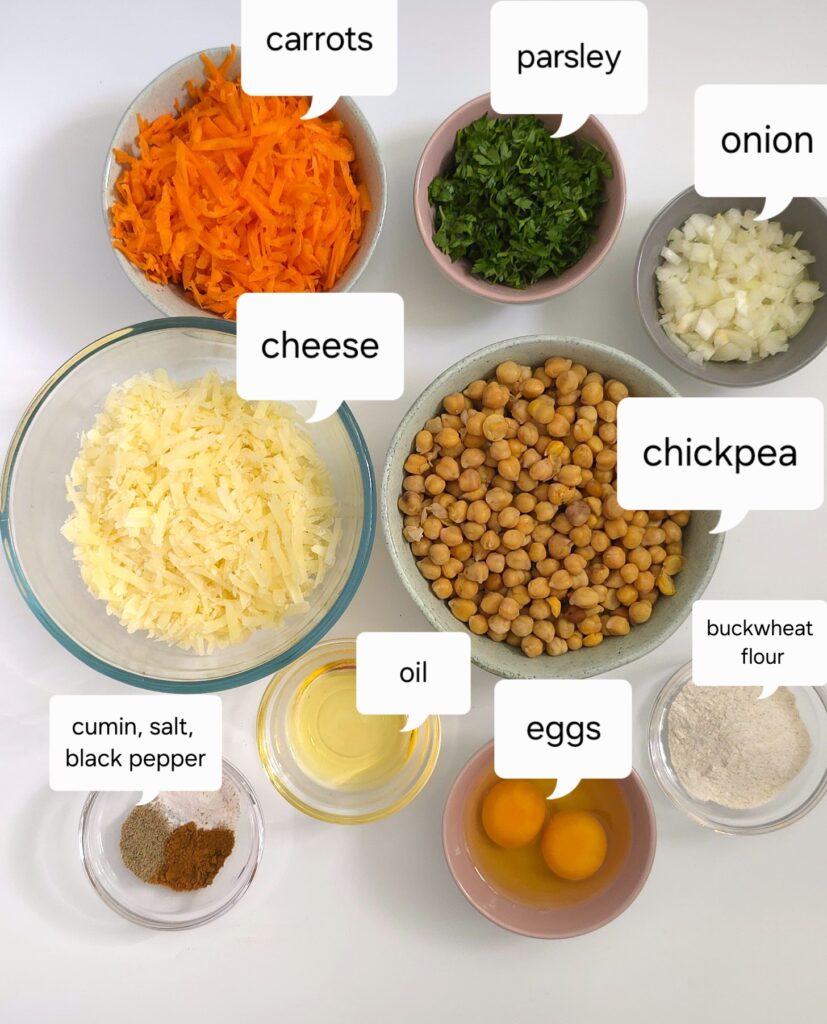 chickpea burgers ingredients in bowls